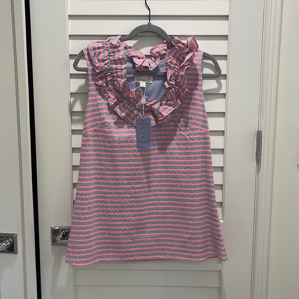 Sail to Sable Ruffle Neck Blouse M pink and blue